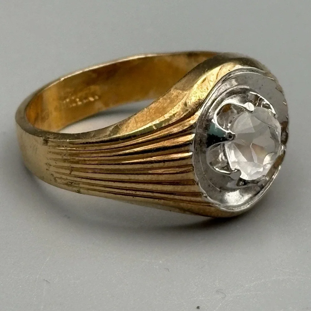 Vintage Mens 10k Gold Filled Ring Clear Stone 12.75 MCM Bold Statement 7.95g